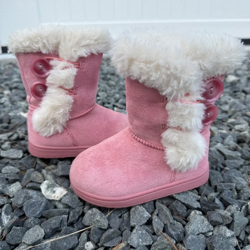 Pink Faux Suede Winter Boots with Faux Fur Trim and Button Detail Size 6